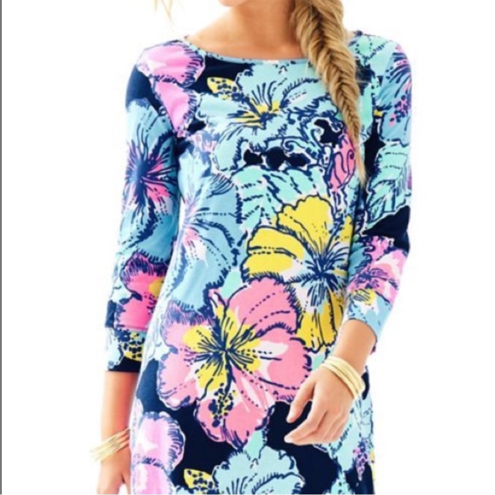 Lilly Pulitzer Marlowe Dress Navy Big Flirt Hibiscus Floral Print Size Medium - Picture 2 of 13
